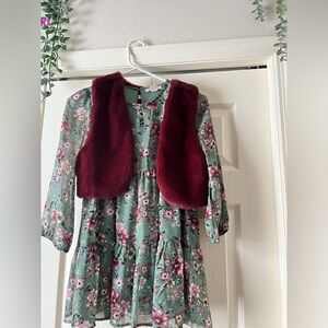 Green Flowery Velvet Vest Dress